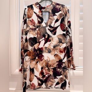 JODIFL Floral Keyhole Blouse - Cream, Brown, Black